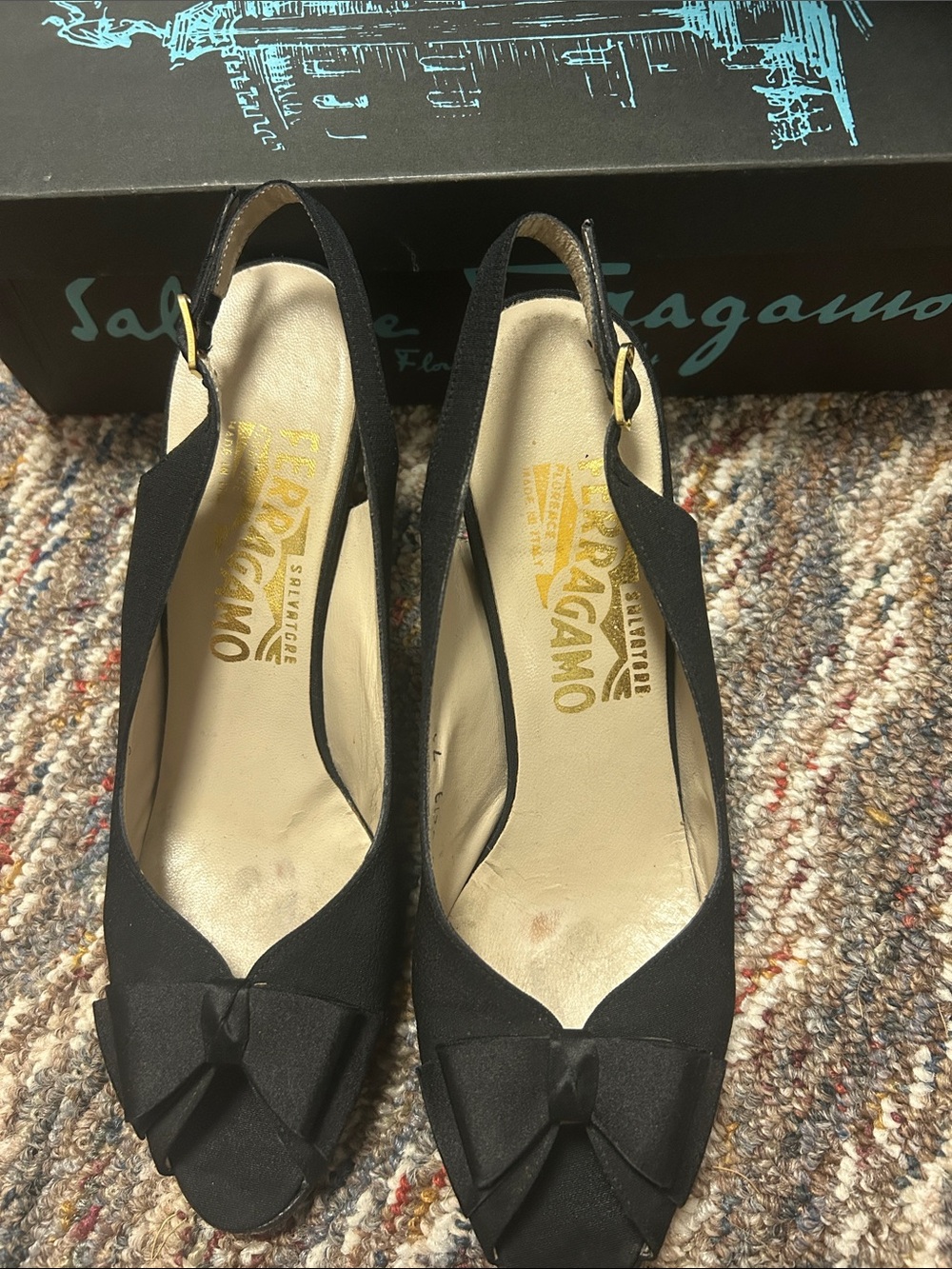Salvatore Ferragamo Black Slingback Bow Pumps